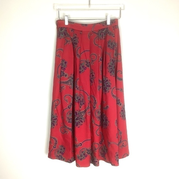 Talbots Vintage Pleated Paisley Wool Silk Blend Broomstick Skirt Red 8 - Picture 9 of 16